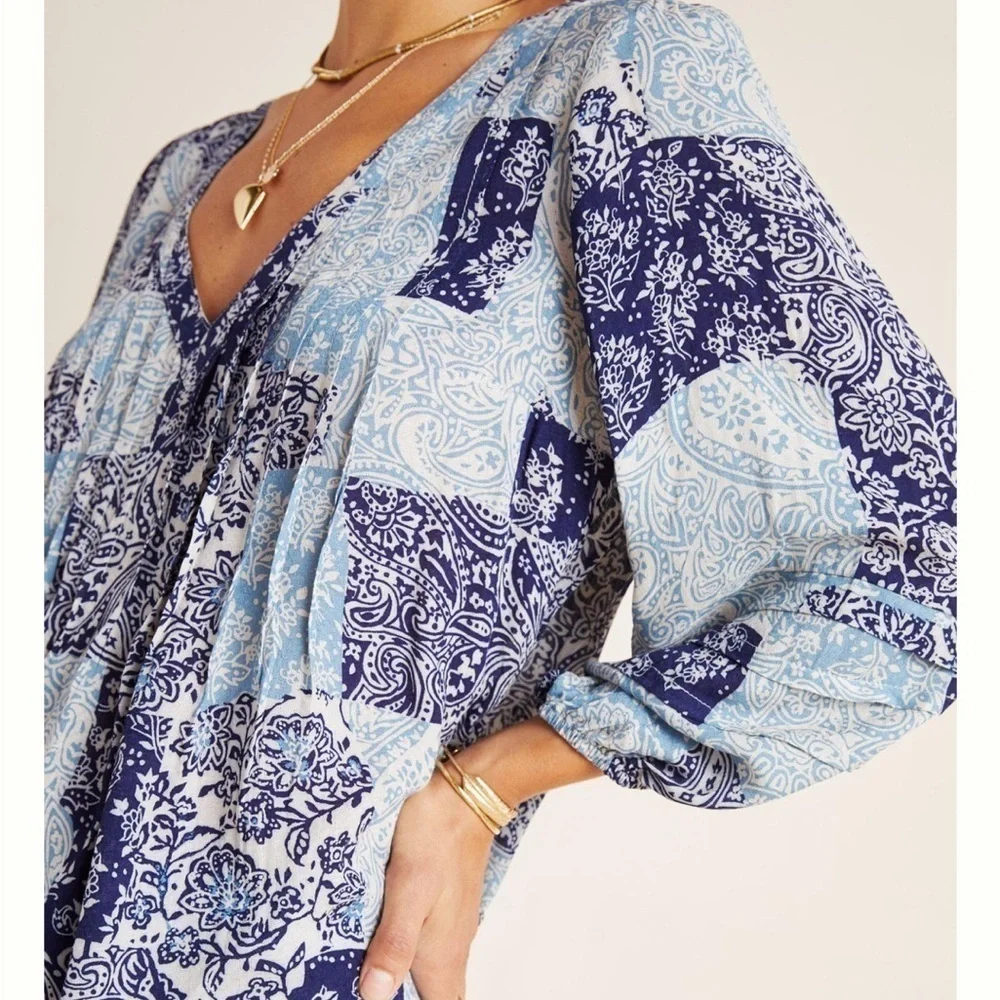 Maeve Cathy Pleated Blouse Size M Blue Paisley Boho Puff Sleeve Hippie‎